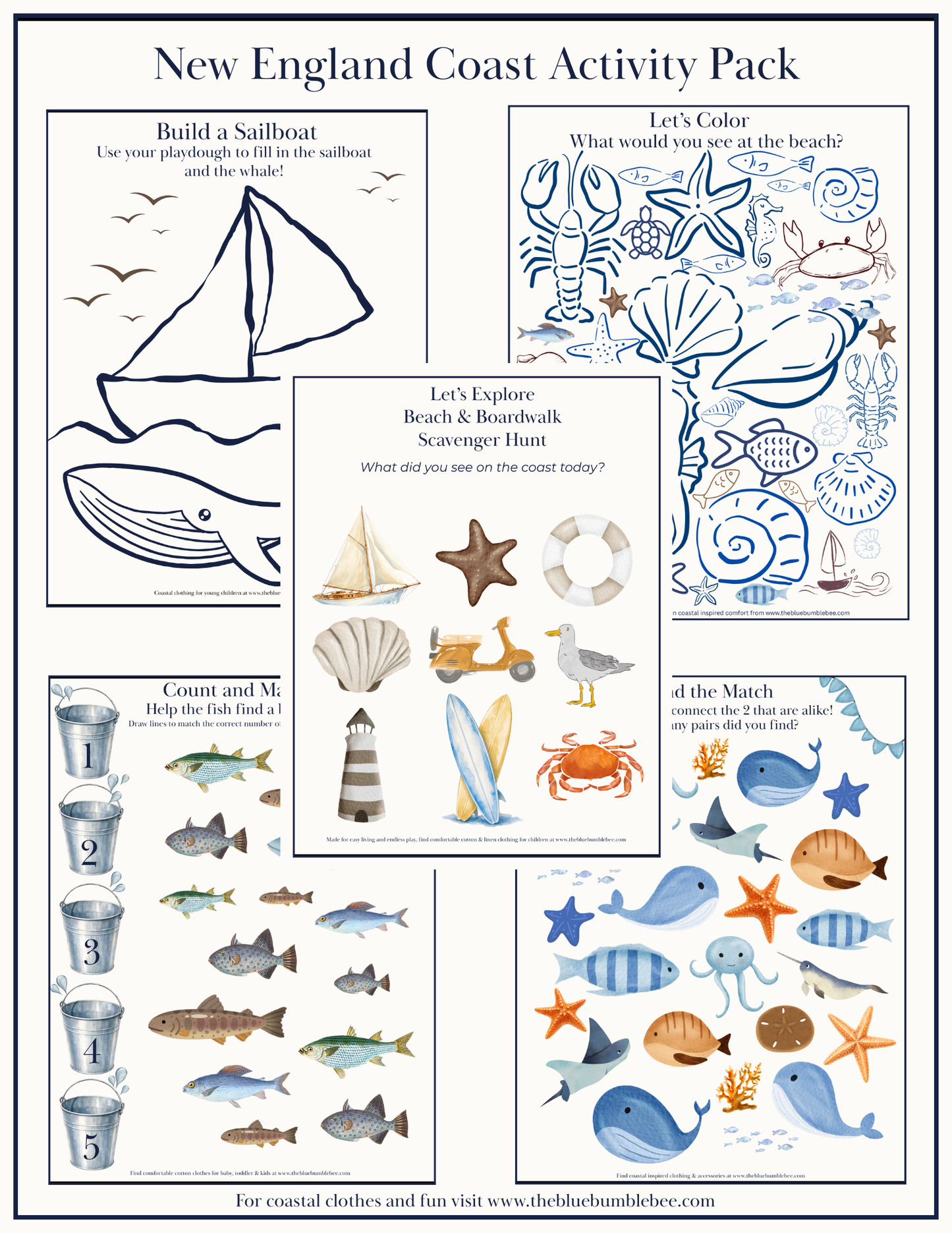 New England Coast Activity Pack – 5 Printable Toddler Activity Sheets