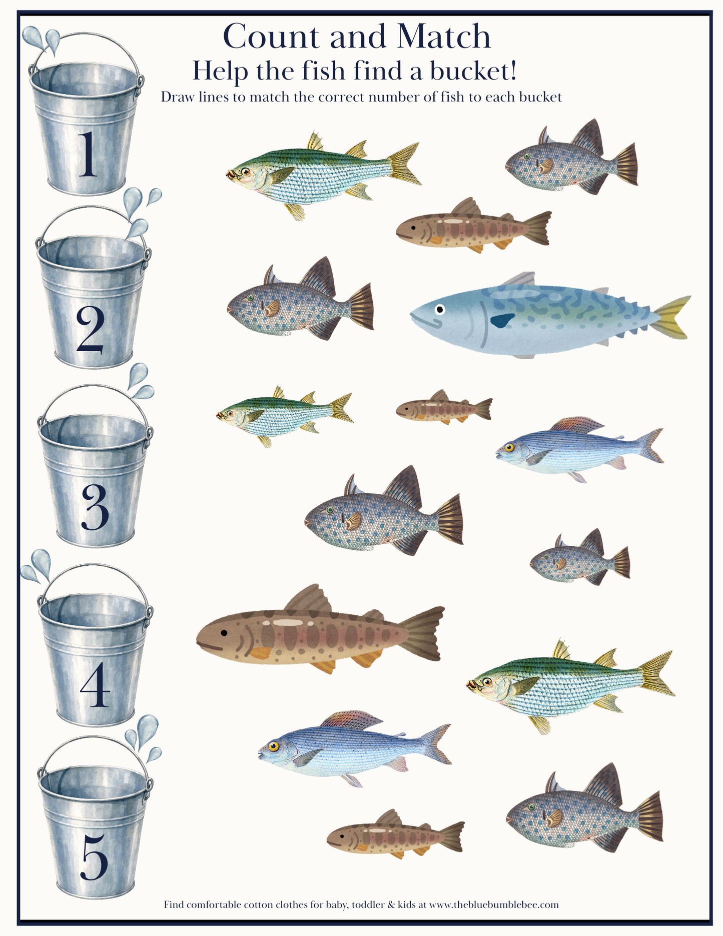 Count & Match – Help the Fish Find a Bucket! Printable Activity Sheet